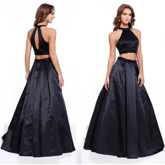 NWT Black Full Length Satin Beaded Two-Piece Formal Gown - Picture 1 of 16